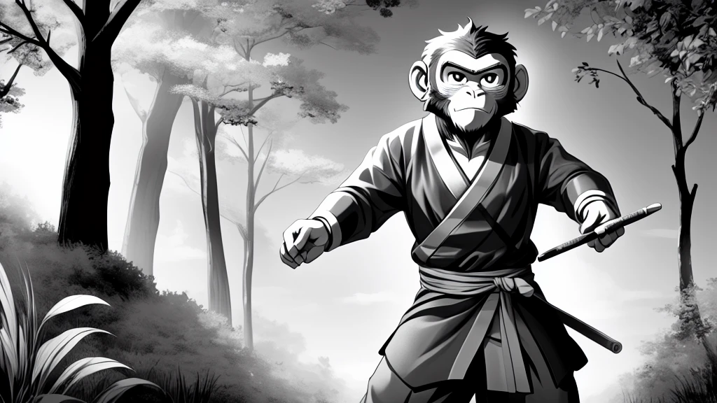 ((Masterpiece, high quality, best graphics, high definition, high definition, 4k)), old photo, vintage photo, 1 Monkey boy, (Solo), (((monkey ears, monkey tail))), ((upper body)), (Wooden Katana in right hand), old samurai suit, old samurai pants, (ribbon on waist), wooden sandals, looking away, standing, {dynamic pose}, (((monochrome, grayscale, pencil sketch, old movie style, noise, VHS movie, anime style))), (forest background, trees, tree shadow, grass, (((Saru to kani no Gassen anime 1917 style))).