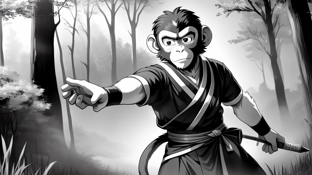 ((Masterpiece, high quality, best graphics, high definition, high definition, 4k)), old photo, vintage photo, 1 Monkey boy, (Solo), (((monkey ears, monkey tail))), ((upper body)), (Wooden Katana in right hand), old samurai suit, old samurai pants, (ribbon on waist), wooden sandals, looking away, standing, {dynamic pose}, (((monochrome, grayscale, pencil sketch, old movie style, noise, VHS movie, anime style))), (forest background, trees, tree shadow, grass, (((Saru to kani no Gassen anime 1917 style))).