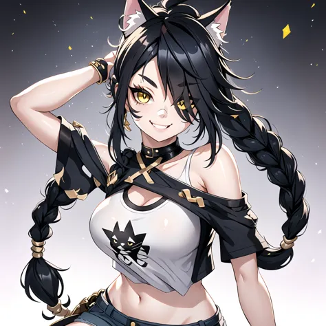 1girl, solo, long hair, looking at viewer, black hair, bandaid on face, yellow eyes, animal ears, smile, bandaid on nose, braid,...