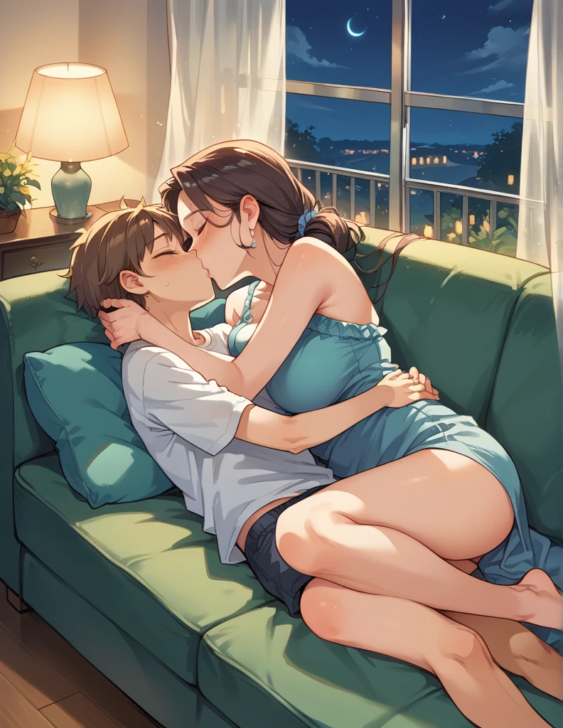 score_9, score_8_up, score_7_up, source_anime, 1boy, 1girl, mature female wearing sexy saree,  mother and son, kid, hug, kissing, date night, romantic, in the living room lying on the couch , erotic