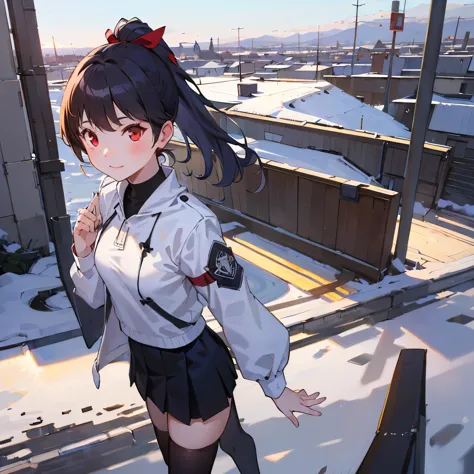 A cute girl with a long black ponytail with red eyes, on the roof top of a school, wearing a winter .