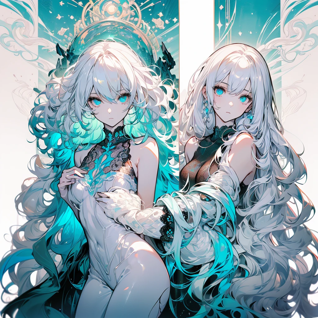 ((masterpiece, best quality)), Delicate face，Snake Woman，whole body，Perfect body proportions，Long legs，((Long wavy hair)), ((Half of her hair is white，The other half is cyan，Available in two colors))，beautiful eyes，Fantasy style，White background，transparent，Sexy Lingerie，Lace，