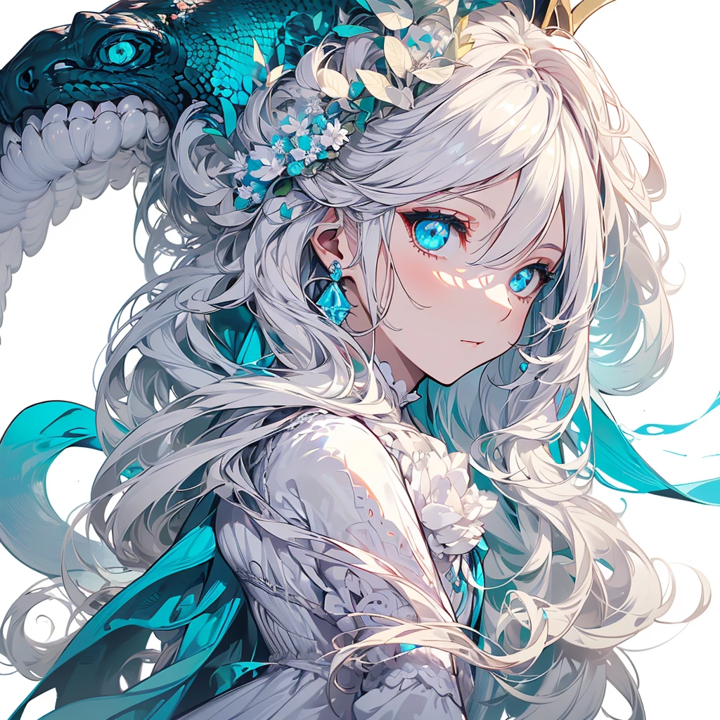 ((masterpiece, best quality)), Delicate face，Snake Woman，whole body，Perfect body proportions，Long legs，((Long wavy hair)), ((Half of her hair is white，The other half is cyan，Available in two colors))，beautiful eyes，Fantasy style，White background，transparent，Sexy Lingerie，Lace，