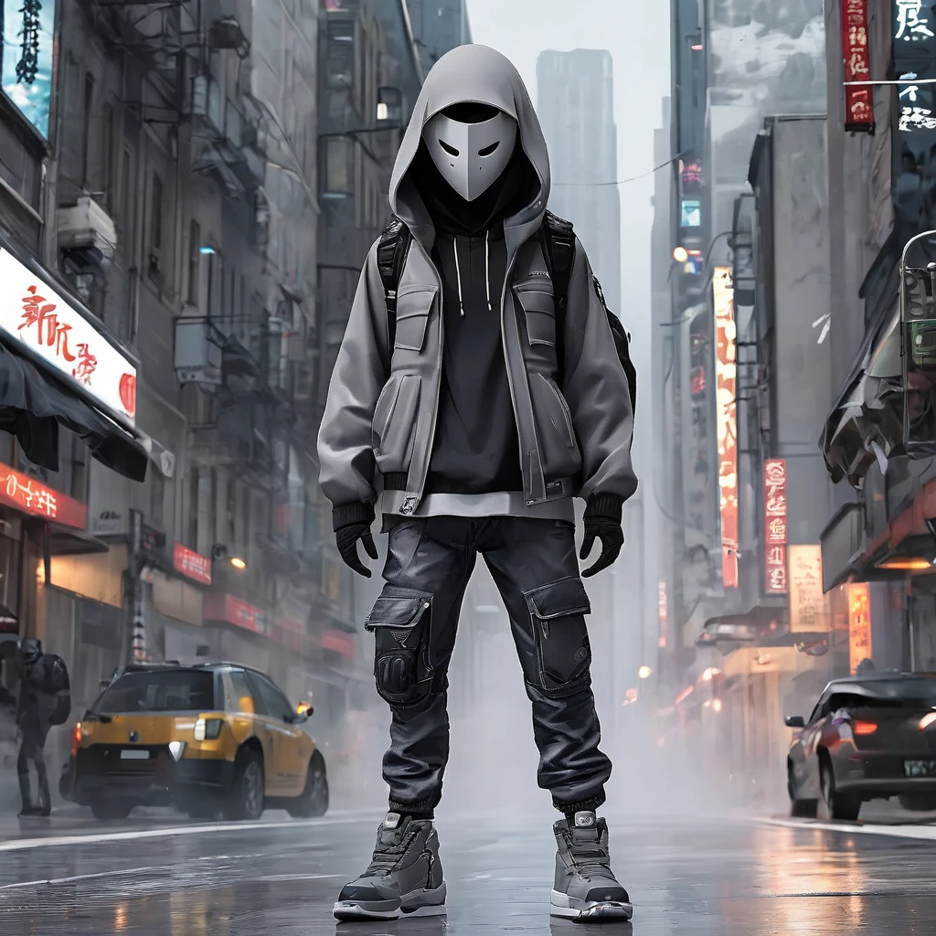 (masterpiece, best quality:1.2), 1boy, backpack, full body, grey city street background, helmet, hood, hooded jacket, jacket, mask, solo, standing