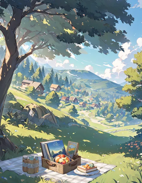   background, clearing, house in the distance, one tree, diamond book, picnic
