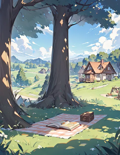   background, clearing, house in the distance, one tree, diamond book, picnic