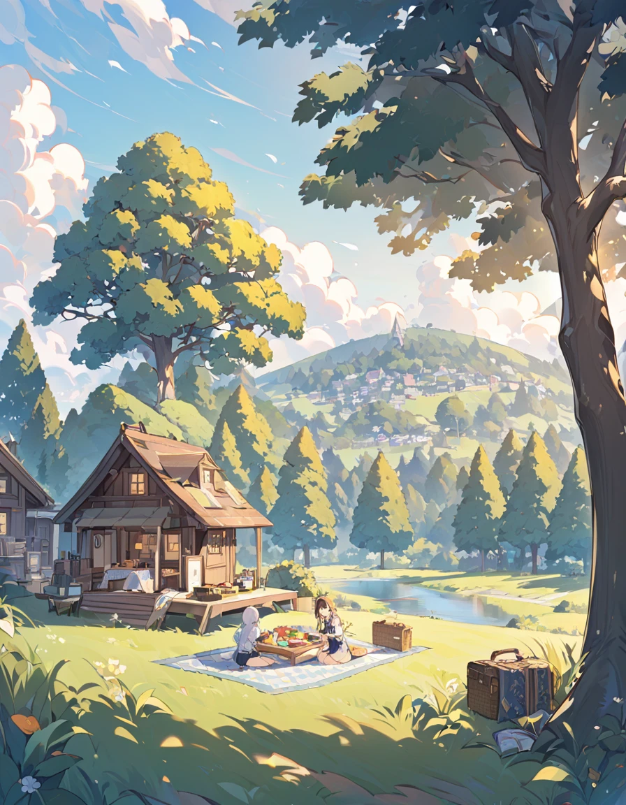   background, clearing, house in the distance, one tree, diamond book, picnic