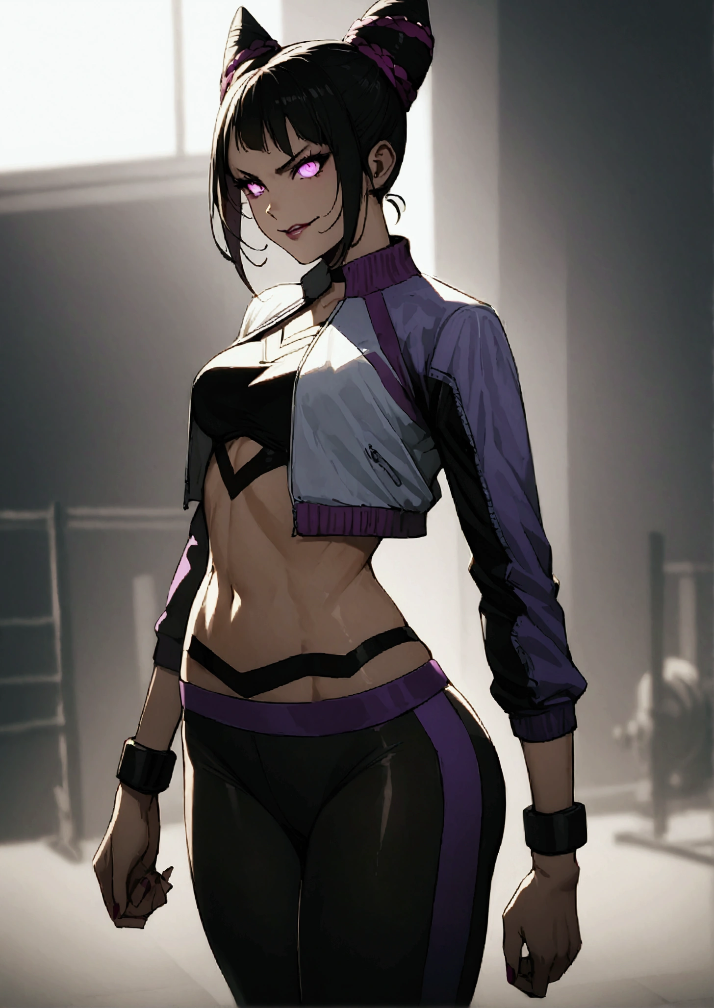 beautiful young fitness woman with , in a gym wearing May with black pantyhose, tight white and purple gym jacket. standing alone,hair horns,glowing purple eyes,Evil smile,legging preto juri han,labiaa
