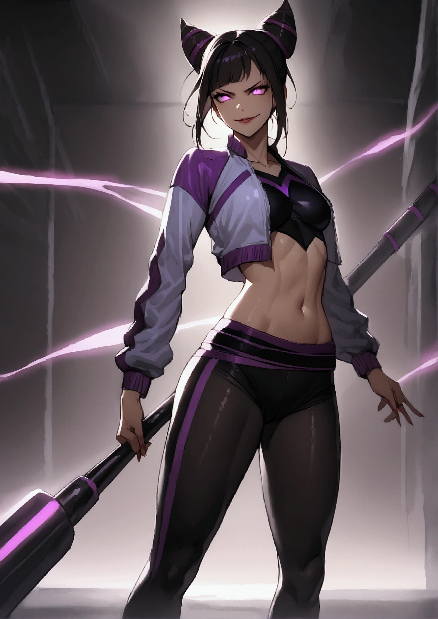 beautiful young fitness woman with , in a gym wearing May with black pantyhose, tight white and purple gym jacket. standing alone,hair horns,glowing purple eyes,Evil smile,legging preto juri han,labiaa
