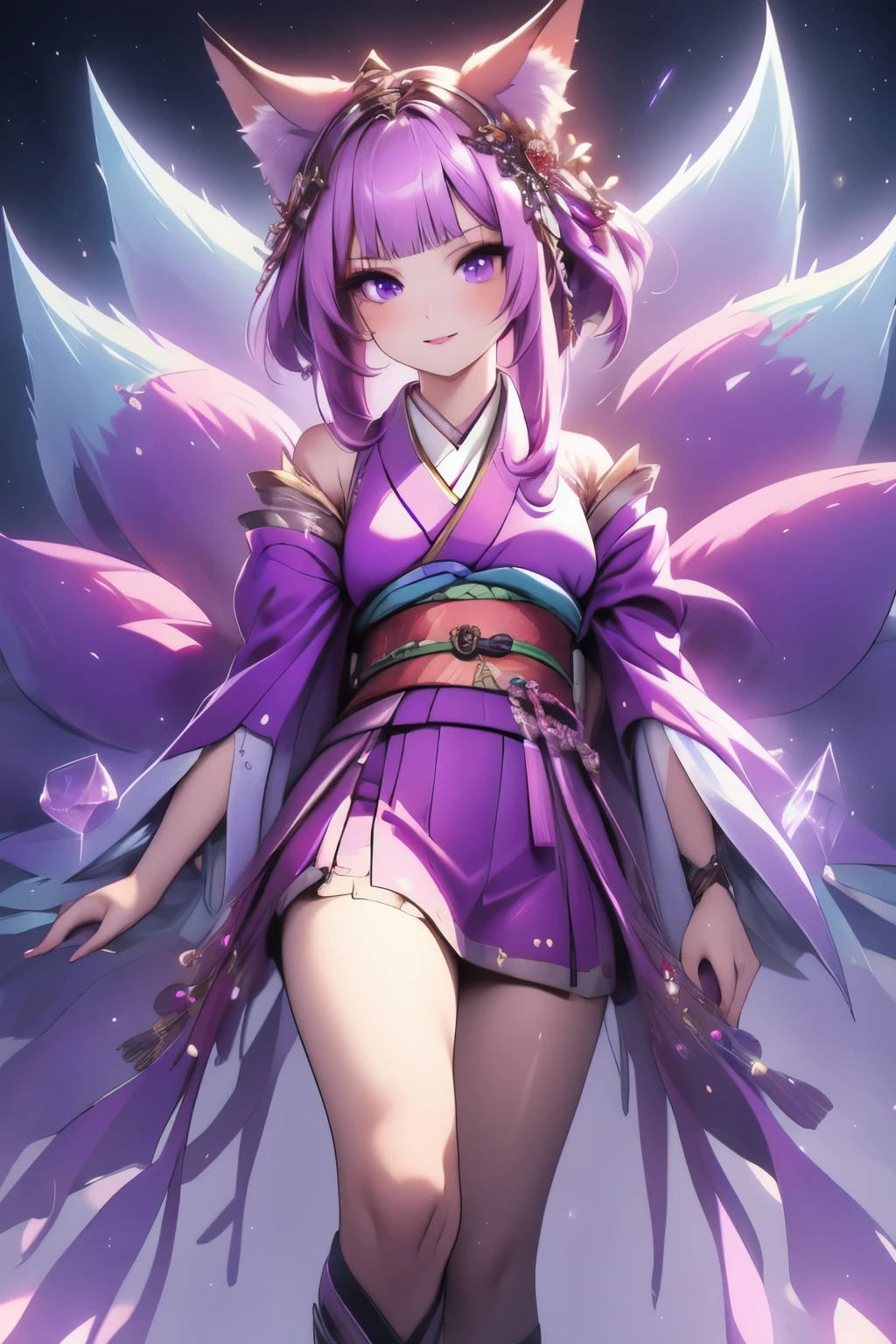 ((best quality)), ((masterpiece)), (detailed), detailed eyes, detailed hands, full-length standing body image, female humanoid kitsune, wearing a knee-length kimono, crystal crown on top of her head, long light purple hair, light purple fox ears, two fox tails, delicate and beautiful detailing, beautiful face, well-proportioned detailed purple eyes, round detailed purple eyes and makeup, beautiful detailed and clear purple eyes, volume smooth and sharp, long flat bangs, fictional art, best photos, best quality, standing, very beautiful and meticulous, delicate, mouth closed smile, not fully smiling, starry background 