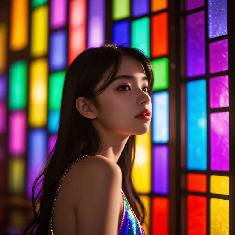 highest quality, 8K resolution, masterpiece, Professional photography, 19yo Beautiful woman, The background is colorful stained glass, Enchanting atmosphere, Rainbow Glass