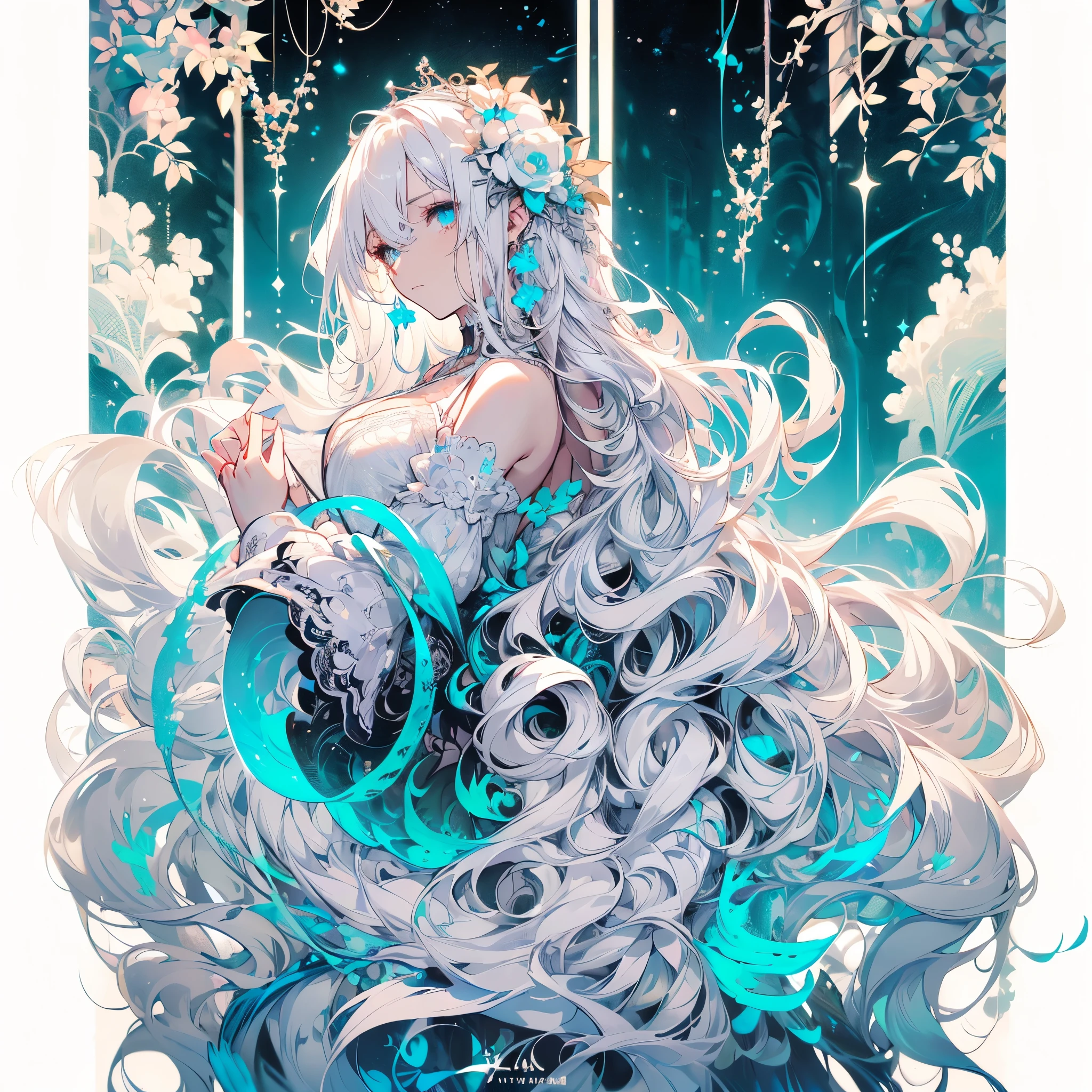 ((masterpiece, best quality)), Delicate face，Snake Woman，whole body，Perfect body proportions，Long legs，((Long wavy hair)), ((Half of her hair is white，The other half is cyan，Available in two colors))，beautiful eyes，Fantasy style，White background，transparent，Sexy Lingerie，Lace，