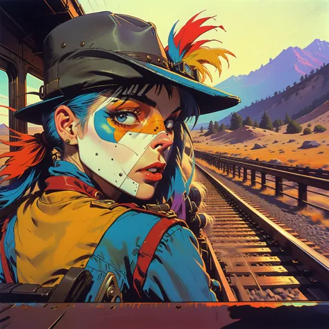 tank girl, riding the rear brakeman's end of the caboose, outfit distinct homage to cobow western, (jamie hewlett style referenc...