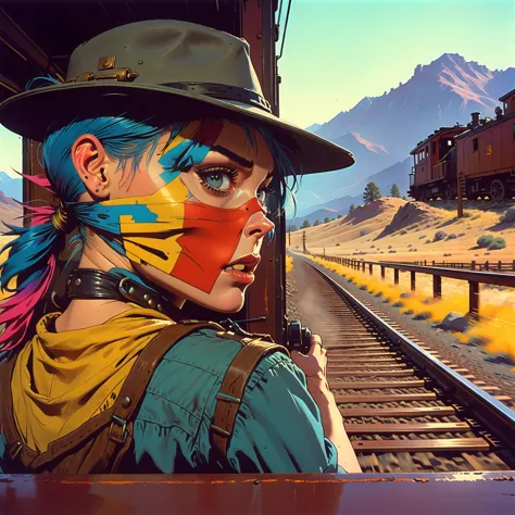 tank girl, riding the rear brakeman's end of the caboose, outfit distinct homage to cobow western, (jamie hewlett style referenc...