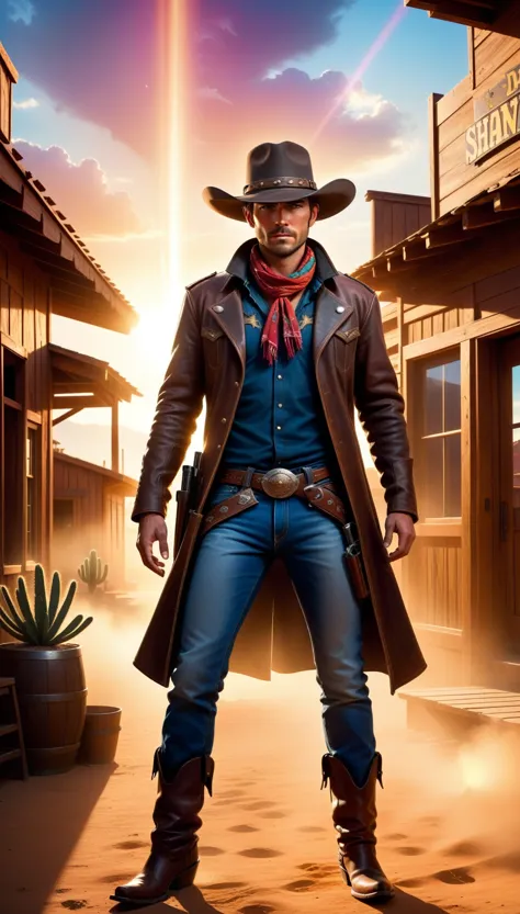 Masterpiece, Best Quality, Super Detailed, High Definition, HDR, Depth, Fine Texture, Super Fine, Complete concentration. A cool and stylish Western cowboy in a dramatic gun duel pose., handsome man, cool, smart, The cowboy: wearing a wide-brimmed hat, rugged leather jacket, denim jeans, boots with spurs, and a bandana around the neck, holding a revolver with a confident and intense expression, ready to draw. Scene: a dusty Western town with wooden buildings, saloon, and cacti in the background. Background: vibrant sunset or sunrise sky, dramatic lighting casting long shadows, colorful clouds, lens flare, and light beams. Lighting: cinematic lighting, volumetric lighting, lens flare, warm tones, high contrast, colorful light, and dynamic light effects. Details: detailed texture on clothing and accessories, weathered and rugged look, expressive eyes under the hat's brim, confident and intense expression, vibrant colors on clothing, and glowing highlights. Atmosphere: adventurous, wild, and heroic, with a sense of freedom and the spirit of the Old West, particles of dust and light floating in the air, creating a magical effect. Effects: colorful light rays, dynamic shadows, glowing edges, and ethereal atmosphere.