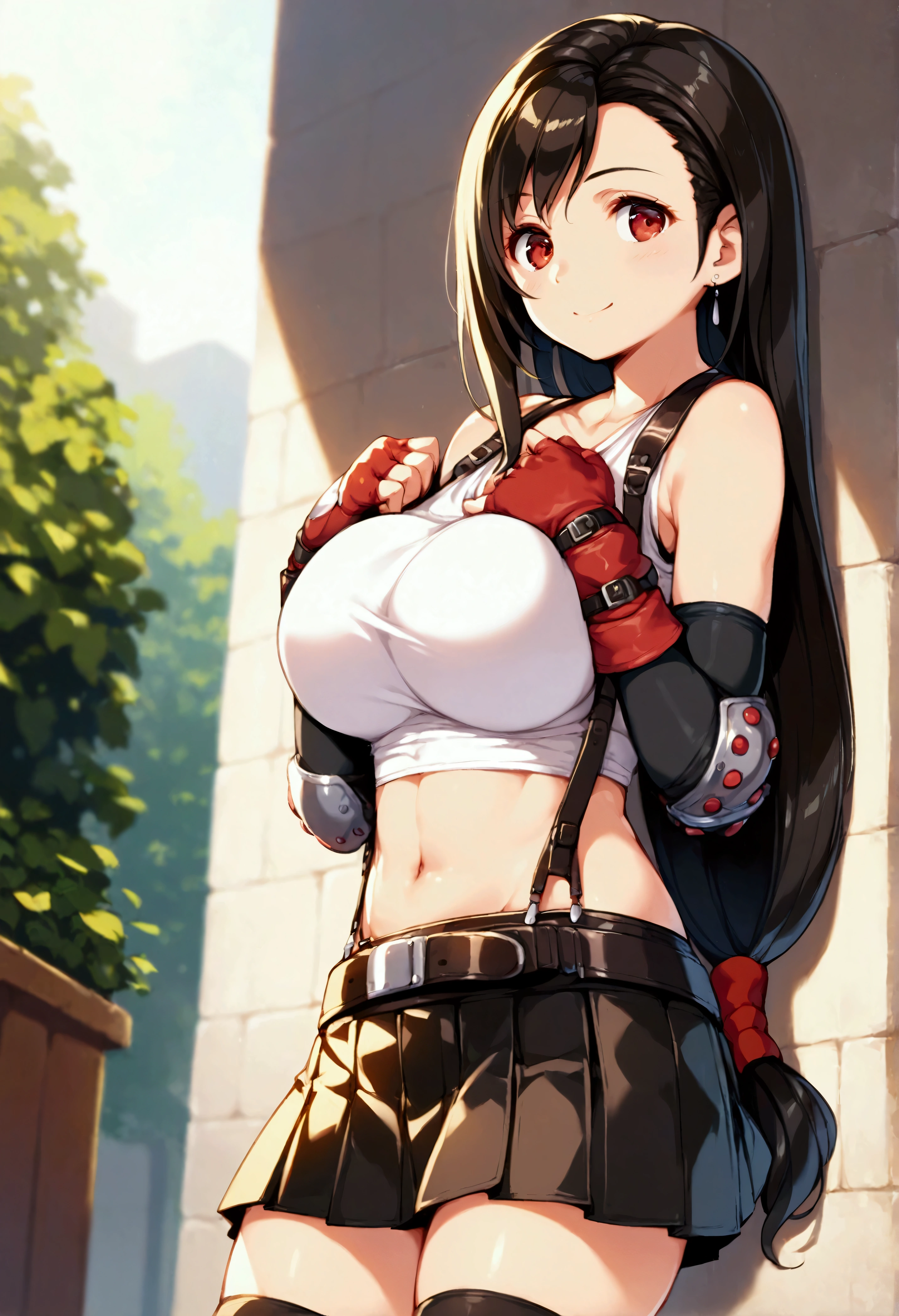 (score_9, score_8_up, score_7_up),,BREAK , ,dutch angle,,breast view, breast press,,standing,leaning on wall. upperbody,,Solo ,1girl, tifa lockhart, final fantasy, tareme,black hair, low-tied long hair, red eyes, bangs, (lace tank top, belt, transparent pleated skirt, thighhighs, elbow fingerless gloves, elbow pads, midriff, navel,suspender skirt) ,(huge_breast),(light smile),daytime,outdoor,(ultra detailed),(best quality),(aesthetic,very aesthetic),UHD,extremely detailed CG unity 8k wallpaper,depth of field,,,detailed face and eyes