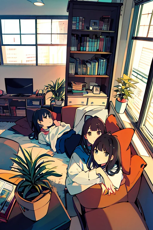 One Girl, From above, plant, Black Hair, Cat, Lying down, indoor, Holding, Long sleeve, Long Hair, 動物のstuffed toy, potted plant, Book, food, window, Telephone, Extensive interior, tv set, short hair, behind, stuffed toy, bangs, slipper, barefoot, Sitting, Bookcase, shelf, cable, computer