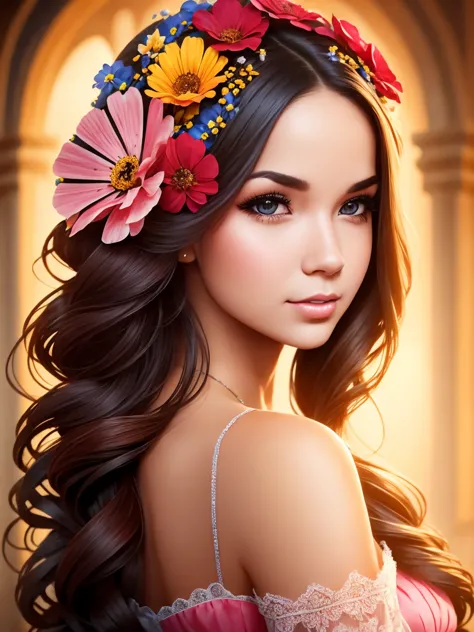 beautiful young woman, Woman with a fan and a flower in her hair, detailed portrayal, stunning face portrait, extremely detaild,...
