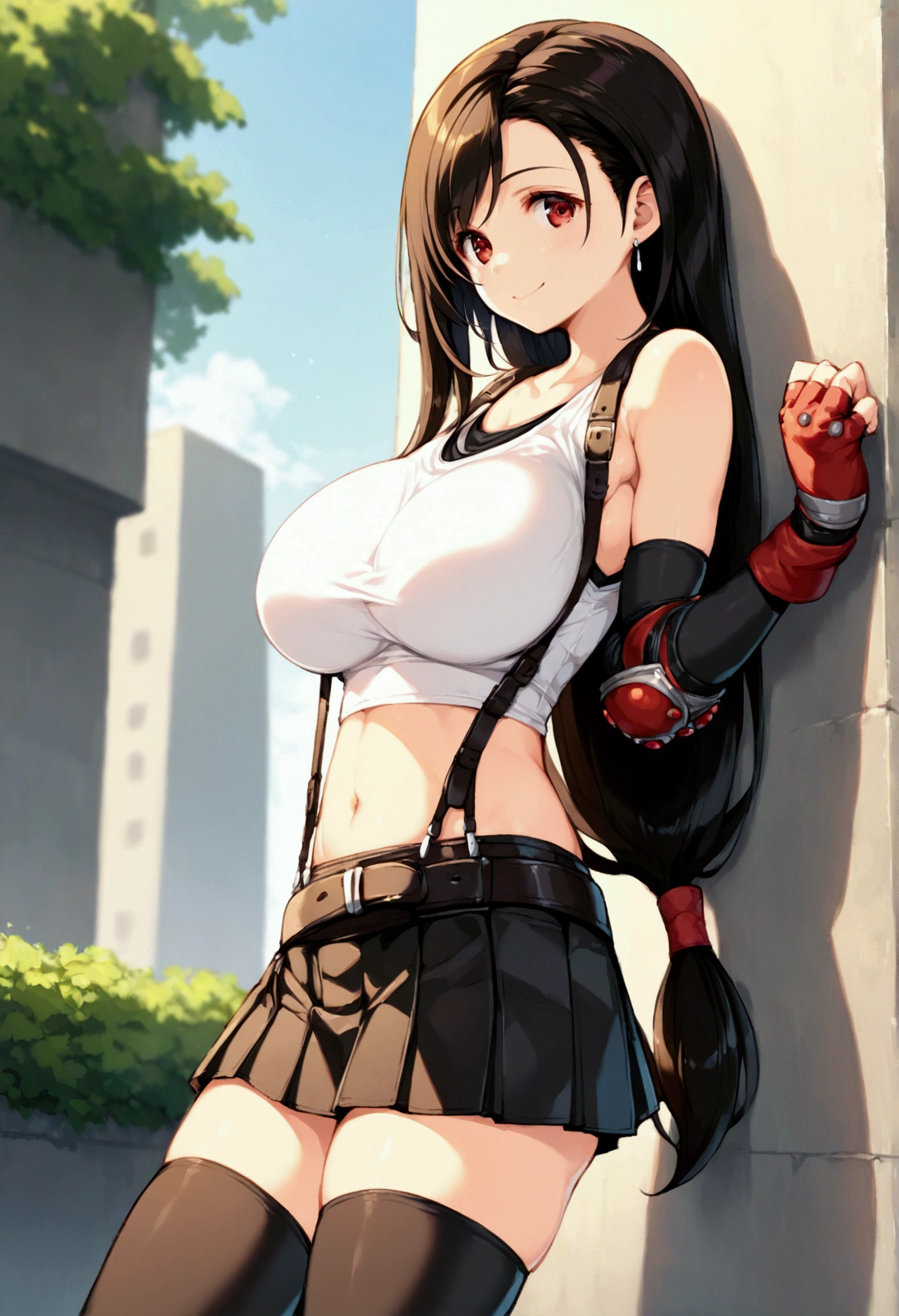 (score_9, score_8_up, score_7_up),,BREAK , ,dutch angle,,breast view, breast press,,standing,leaning on wall. upperbody,,Solo ,1girl, tifa lockhart, final fantasy, tareme,black hair, low-tied long hair, red eyes, bangs, (lace tank top, belt, transparent pleated skirt, thighhighs, elbow fingerless gloves, elbow pads, midriff, navel,suspender skirt) ,(massive_breast),(light smile),daytime,outdoor,(ultra detailed),(best quality),(aesthetic,very aesthetic),UHD,extremely detailed CG unity 8k wallpaper,depth of field,,,detailed face and eyes