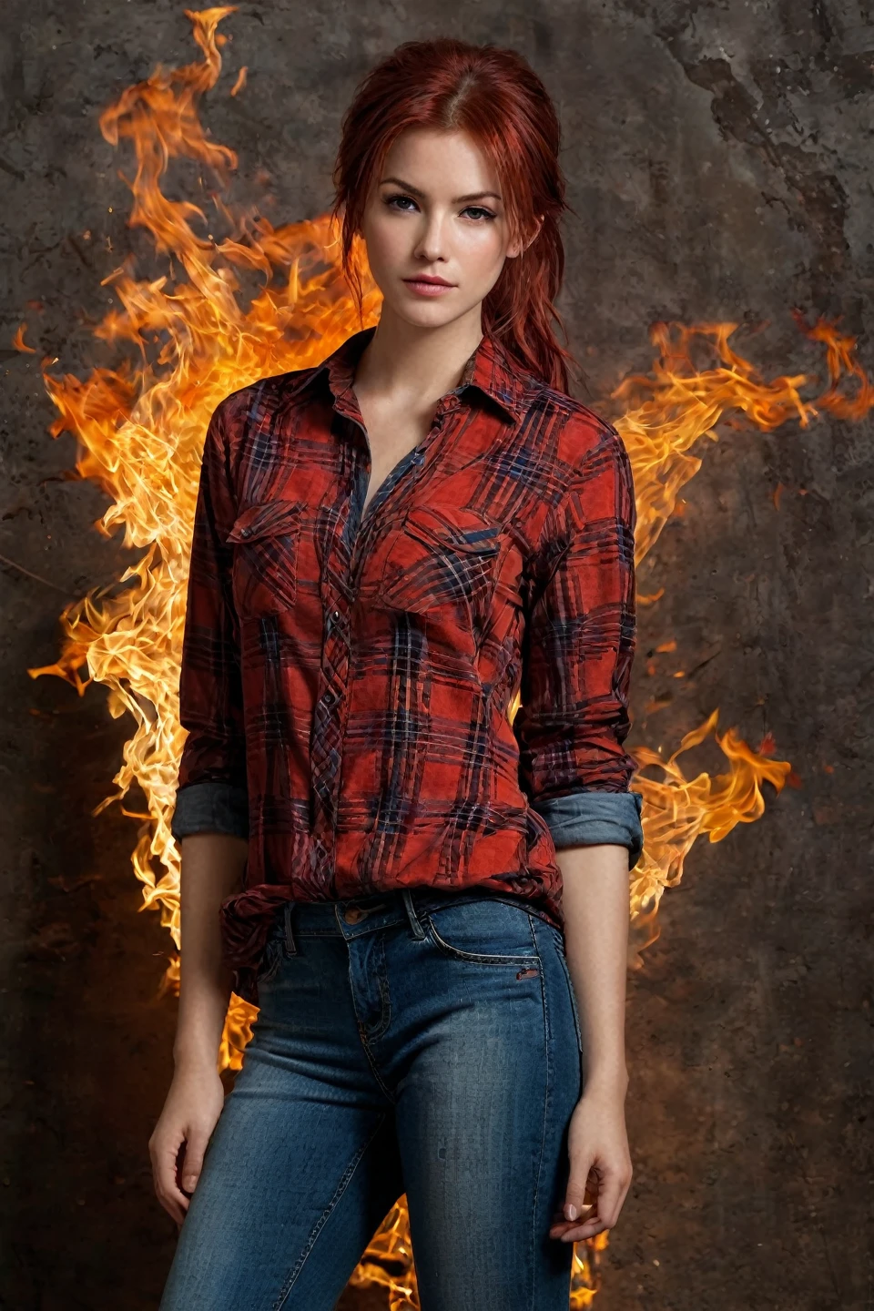 1girl, by Emily Kell and Luis Royo, 27 years old, official art, 8k wallpaper, full length, ultra detailed, beautiful and aesthetic, red hair in short ponytail, brown eyes, (untucked red plaid shirt), jeans, sneakers, A faint smile, masterpiece, best quality, realistic, extremely detailed, dynamic angle, (zentangle, mandala, tangle, entangle), the most beautiful form of chaos, elegant, a brutalist designed, vivid colors, romanticism, plasma flame