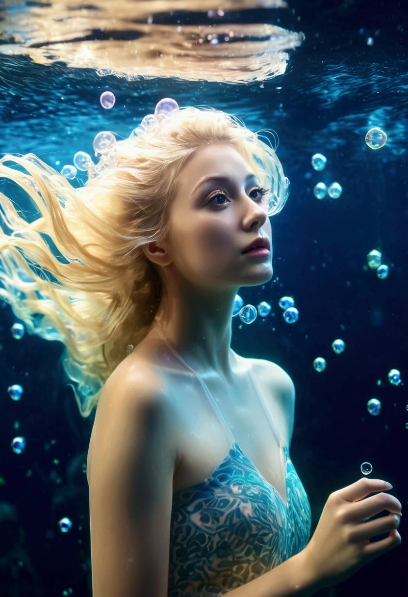 Beautiful underwater made of light, (Beautiful blonde woman made of light looking into camera lens underwater_Hair floating on water, amazing atmosphere surrounded by many bubbles in water), (Realistic facial details, flowing in water hair floating along), glowing marine life underwater, high resolution, high details, 8k, glowing underwater effect,