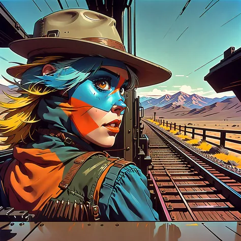 tank girl, riding the rear brakeman's end of the caboose, outfit distinct homage to cobow western, (jamie hewlett style referenc...