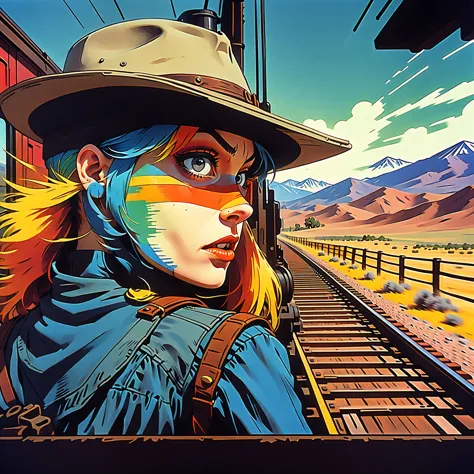 tank girl, riding the rear brakeman's end of the caboose, outfit distinct homage to cobow western, (jamie hewlett style referenc...