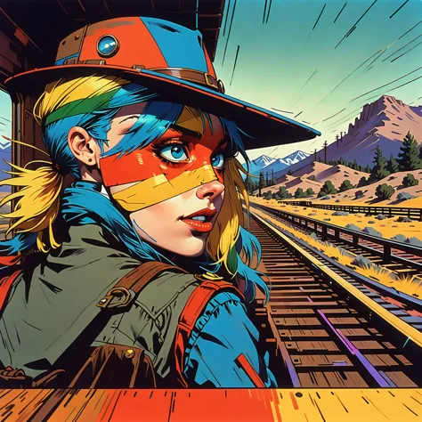 tank girl, riding the rear brakeman's end of the caboose, outfit distinct homage to cobow western, (jamie hewlett style referenc...