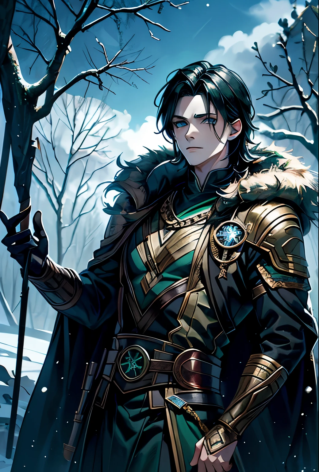 1boy, Loki, norse myhtology, marvel, black hair, green coat, norse, viking, fantasy, dark fantasy, ((forest, winter,))