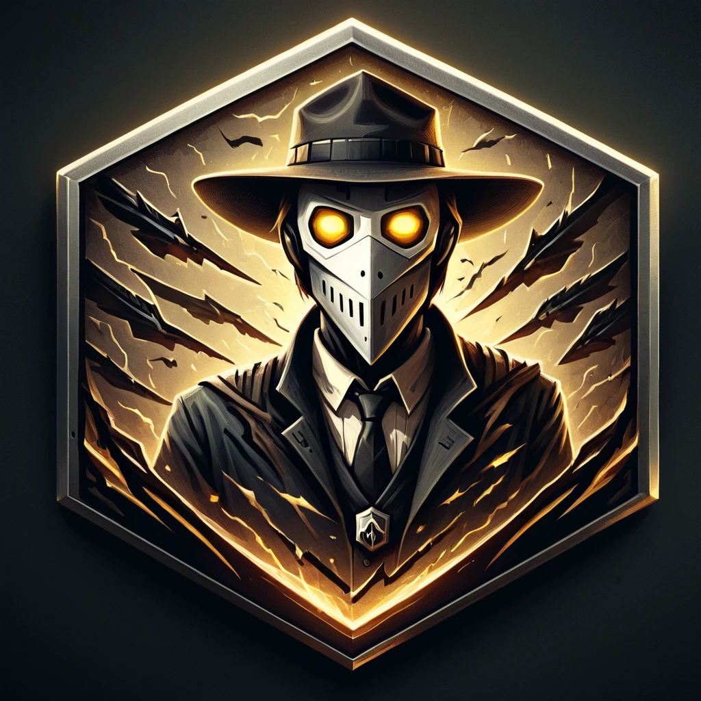 ultra high resolution, detailed, best quality, badgetype,solo badge,counter strike2 type badge,solo,looking at viewer,yellow eyes,1boy,male focus,no humans,mask,glowing,white background,portrait,straight-on,plague doctor, fedora hat, lightning patern