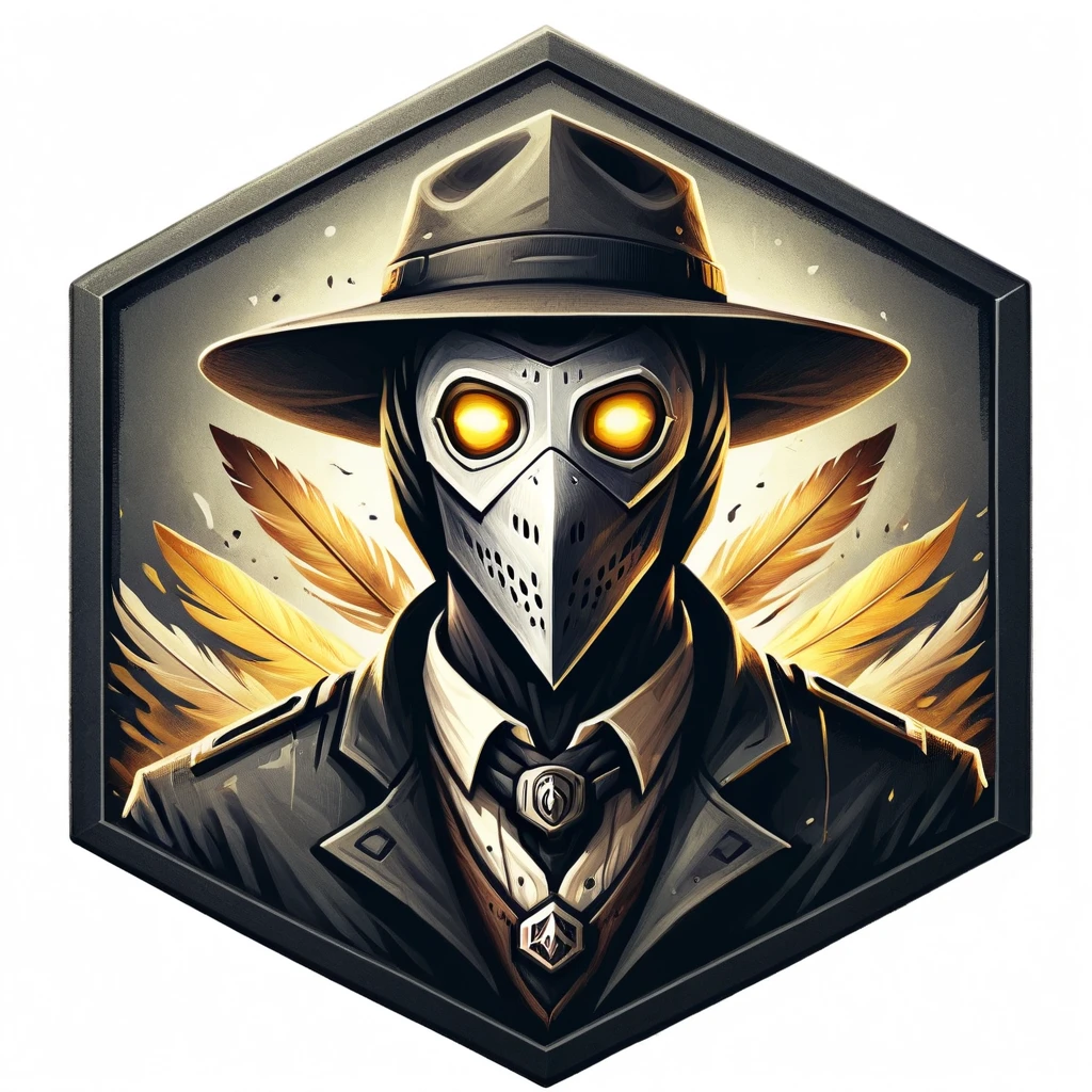 ultra high resolution, detailed, best quality, badgetype,solo badge,counter strike2 type badge,solo,looking at viewer,yellow eyes,1boy,male focus,no humans,mask,glowing,white background,portrait,straight-on,plague doctor, hat, feather