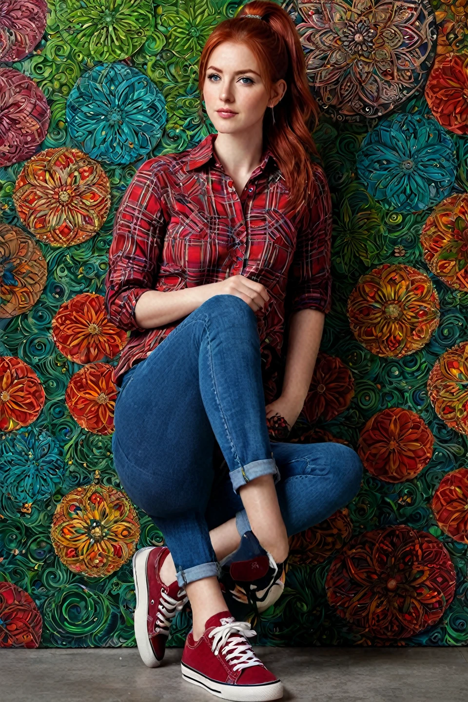 1girl, 25 years old, official art, 8k wallpaper, full length, ultra detailed, beautiful and aesthetic, red hair in short ponytail, green eyes, (untucked red plaid shirt), jeans, sneakers, A faint smile, masterpiece, best quality, realistic, extremely detailed, dynamic angle, (zentangle, mandala, tangle, entangle), the most beautiful form of chaos, elegant, a brutalist designed, vivid colors, romanticism, paint splatter on the wall