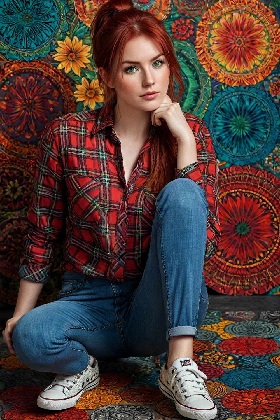 1girl, 25 years old, official art, 8k wallpaper, full length, ultra detailed, beautiful and aesthetic, red hair in short ponytail, green eyes, (untucked red plaid shirt), jeans, sneakers, A faint smile, masterpiece, best quality, realistic, extremely detailed, dynamic angle, (zentangle, mandala, tangle, entangle), the most beautiful form of chaos, elegant, a brutalist designed, vivid colors, romanticism, paint splatter on the wall