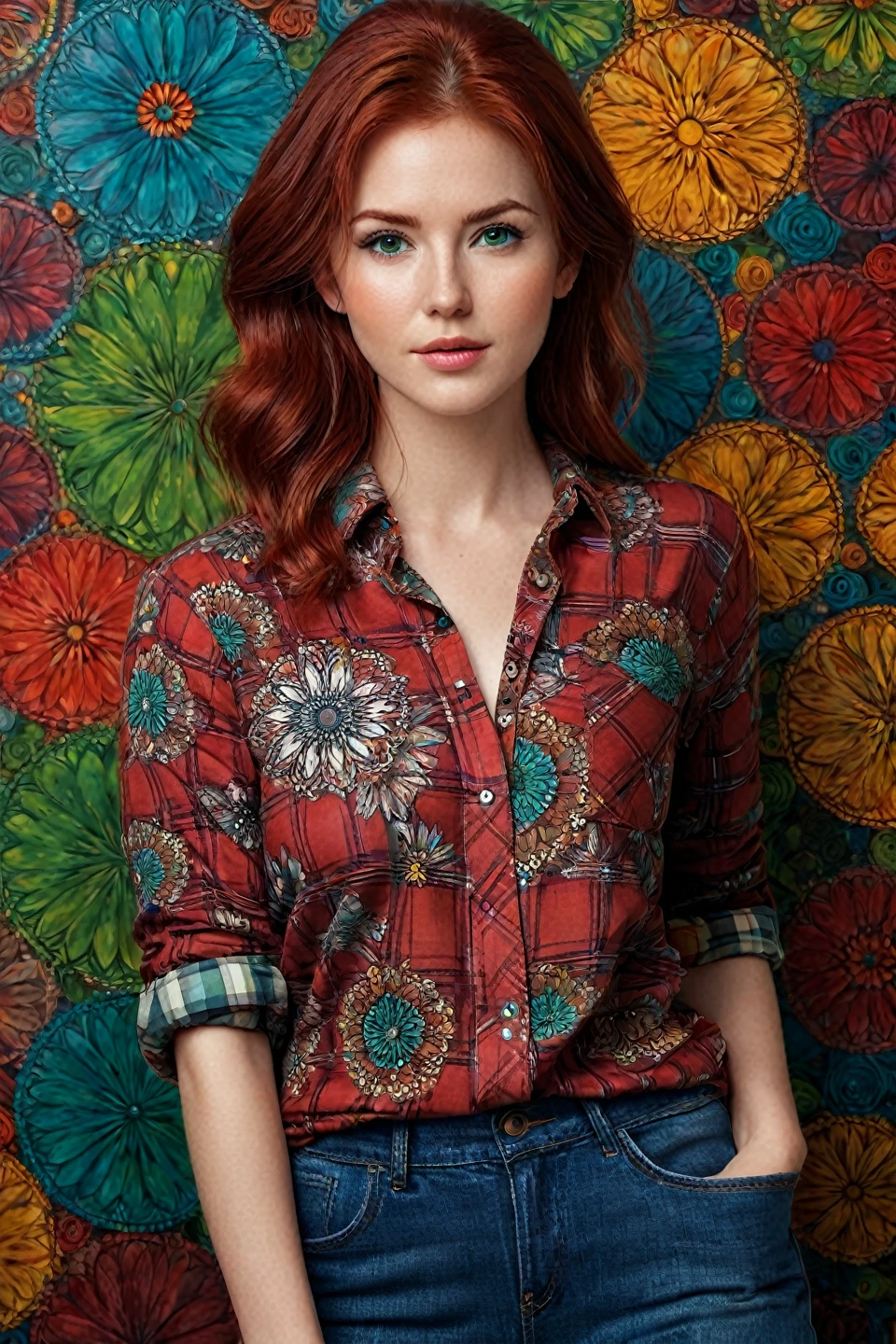 1girl, 25 years old, official art, 8k wallpaper, full length, ultra detailed, beautiful and aesthetic, red hair in short ponytail, green eyes, (untucked red plaid shirt), jeans, sneakers, A faint smile, masterpiece, best quality, realistic, extremely detailed, dynamic angle, (zentangle, mandala, tangle, entangle), the most beautiful form of chaos, elegant, a brutalist designed, vivid colors, romanticism, paint splatter on the wall