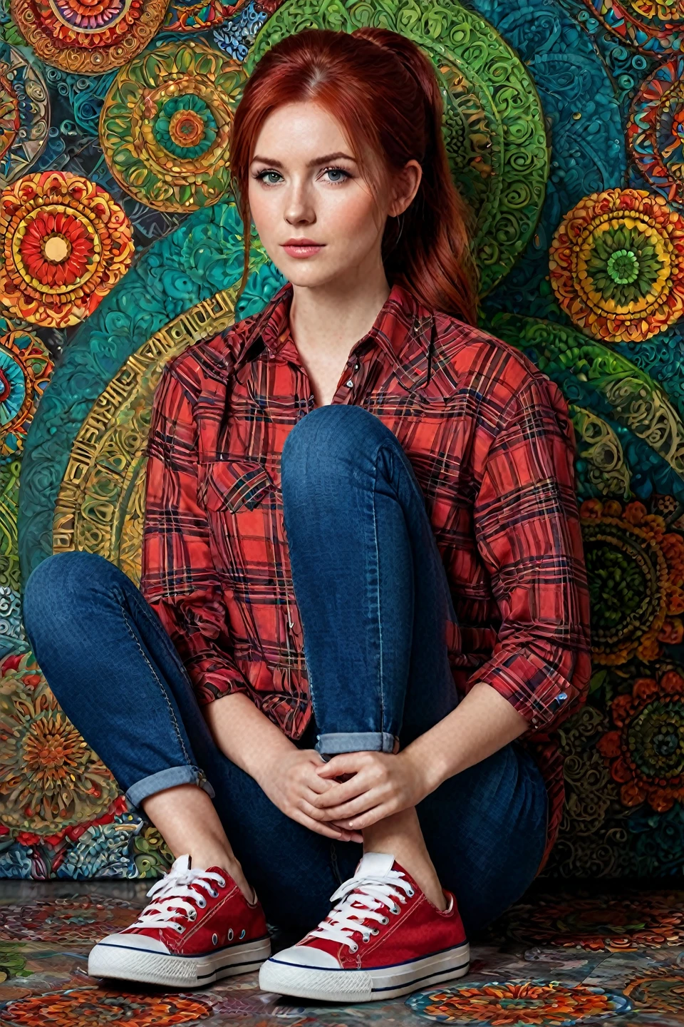 1girl, 25 years old, official art, 8k wallpaper, full length, ultra detailed, beautiful and aesthetic, red hair in short ponytail, green eyes, (untucked red plaid shirt), jeans, sneakers, A faint smile, masterpiece, best quality, realistic, extremely detailed, dynamic angle, (zentangle, mandala, tangle, entangle), the most beautiful form of chaos, elegant, a brutalist designed, vivid colors, romanticism, paint splatter on the wall