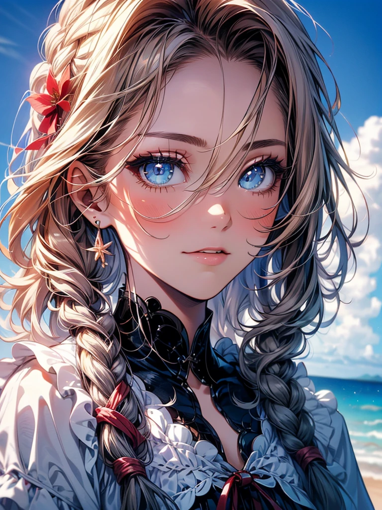 best quality, Nothing special, realistic, photography of beautiful women, 30 year old teenager, detailed face, black messy fishtail braid, (Detailed porcelain doll,Delicate clothing with lots of pleats and ribbons.), beach, (face close up), look seductive, look at viewer