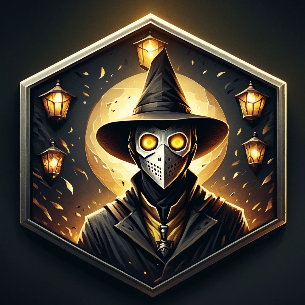 ultra high resolution, detailed, best quality, badgetype,solo badge,counter strike2 type badge,solo,looking at viewer,yellow eyes,1boy,male focus,no humans,mask,glowing,white background,portrait,straight-on,plague doctor, hat, lantern, staff