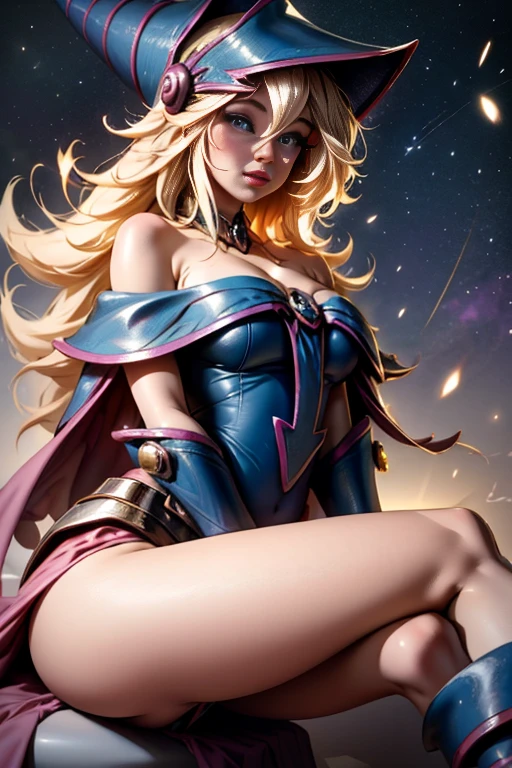 1girl, only,Beautiful, , sitting on the space with milky ways, comet, HMDMG1, Wizard hat, neckline, bare shoulders, dress, off the shoulder, magical, Distrust, particuls, hearts, amar,Grinding, High details, Digital art, masterpiece,,Beautiful,beautiful blue eyes, magic, sexy crossed legs, visible sexy thighs