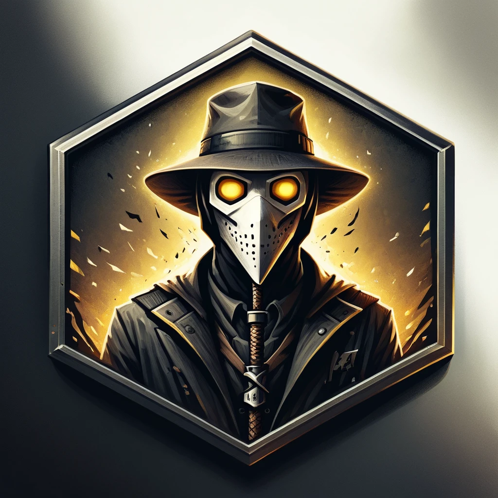 ultra high resolution, detailed, best quality, badgetype,solo badge,counter strike2 type badge,solo,looking at viewer,yellow eyes,1boy,male focus,no humans,mask,glowing,white background,portrait,straight-on,plague doctor, hat, solo, cane