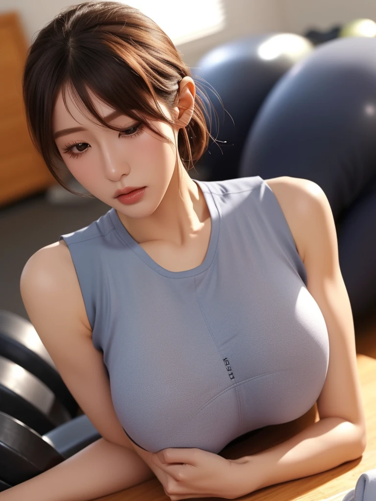 (8K, high resolution, best quality, On the table:1.2)、high resolution、Top quality、 (Huge breasts,:1.4)，（Sweatpants:1.6）、(Fitness vest:1.6)、(Open the inner seam:1.7)、(bedroom:1.2) rest (Natural skin texture、Delicate skin、Surrealism、Super sharp)、Intricate details、Depth of Field、Sexy adult women、Baldhead, Shave, Hair does not stick to the head, Huge buttocks、((masterpiece、Top quality、High Detail))、(Photorealistic:1.4)、Solitary、Shut up、Distinct double eyelids、eyelash、Long Neck、Absolute area