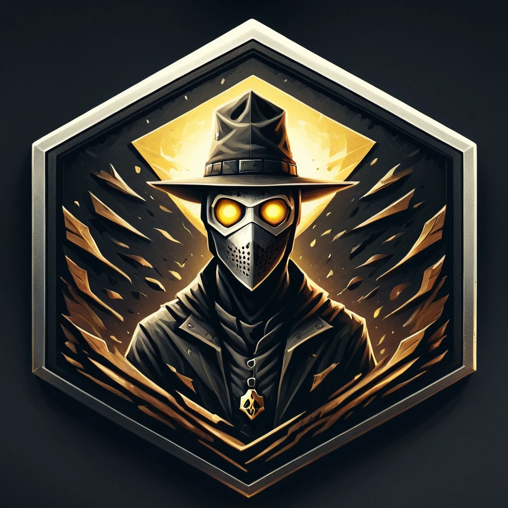 ultra high resolution, detailed, best quality, badgetype,solo badge,counter strike2 type badge,solo,looking at viewer,yellow eyes,1boy,male focus,no humans,mask,glowing,white background,portrait,straight-on,plague doctor, hat, solo, cloak