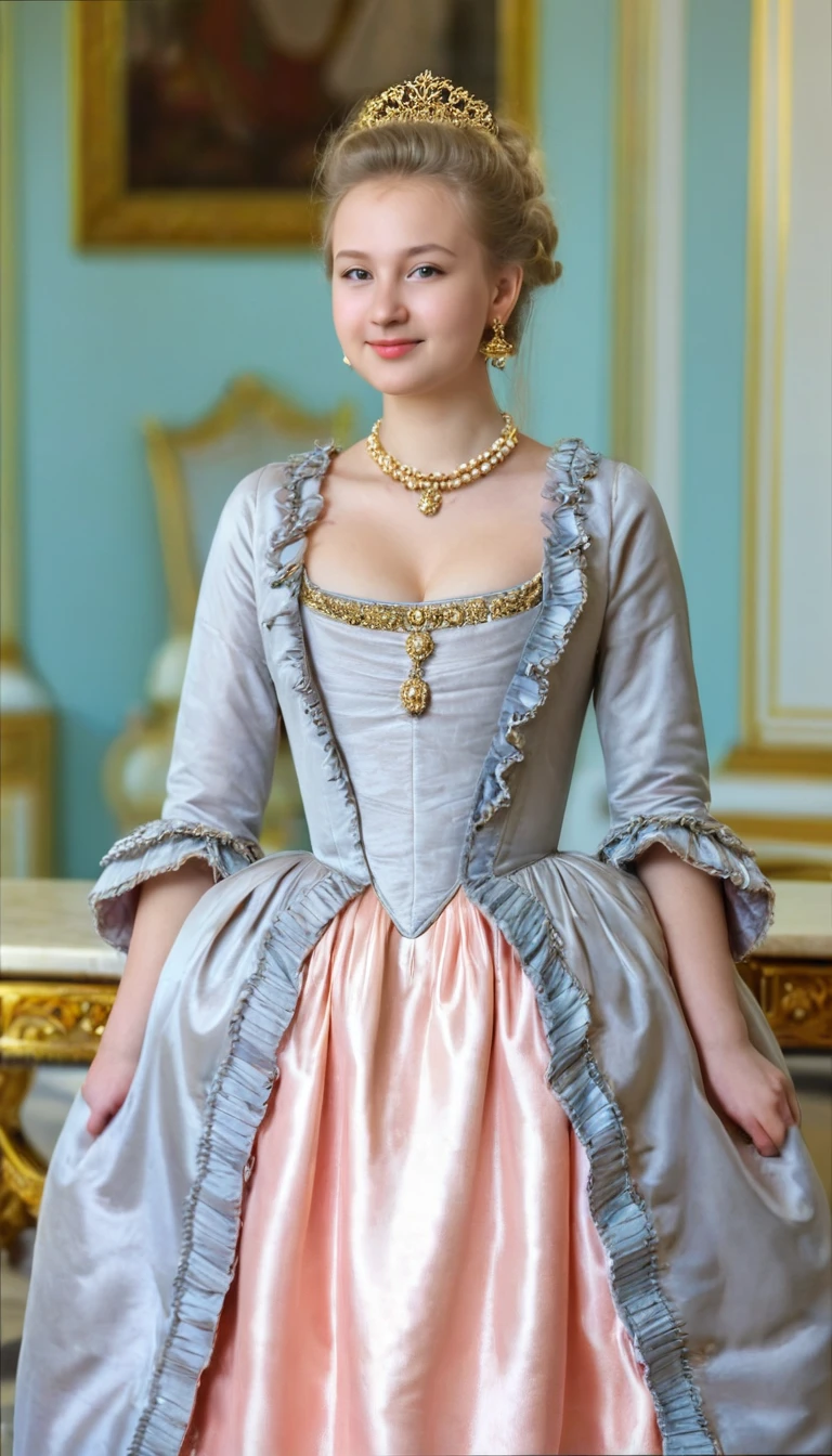 front view , standing pose,  look into the camera, russian girl, 18 year old, (blond hair, middle hair ,  wince, gray eyes, beautiful lip,  demure),  golden crescent earrings, gold necklace, (big , slender whist, wide hips, real public hair) ,(Rococo dress from the 18th century. century) , (golden earing , pearl necklace. Tiara my Diamond), on the floor in the palace, in Moscow, textured skin , HI detailed skin, (Shortening, Canon, uhd, anatomically correct,  Super Detail, High details, Highness, Large breast,satin, pink silk dress,ruffles, smiling.,long eyelashes, half open mouth 