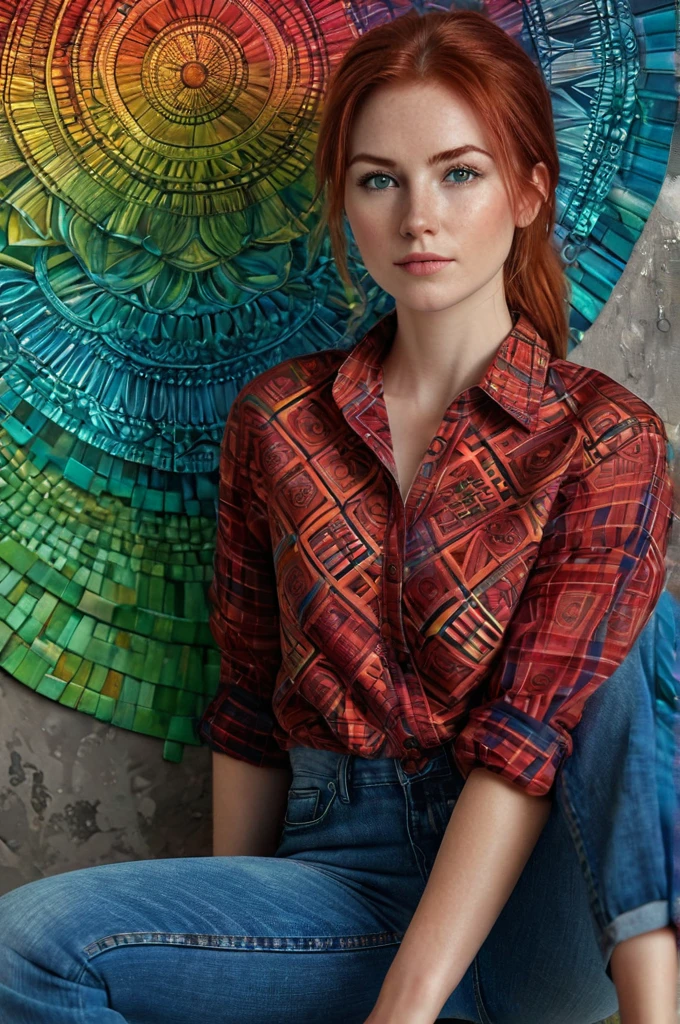 uma mulher europeia, 2, Arte oficial, Papel de parede 8k, comprimento total, ultra detalhado, bonito e estético, cabelo ruivo em rabo de cavalo curto, olhos verdes, (camisa xadrez vermelha para fora da calça), jeans, tênis, um leve sorriso, obra de arte, melhor qualidade, realista, extremamente detalhado, Ângulo Dinâmico, (zenemaranhado, mandala, emaranhado, enemaranhado), A mais bela forma de caos, elegante, um brutalista projetado, cores vivas, Romantismo, respingos de tinta na parede como fundo, fundo impressionismo