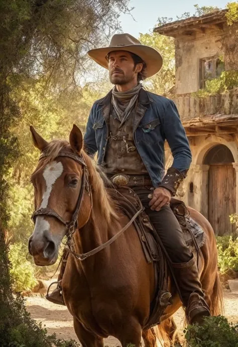 1man, cow-boy, post-modern, rodeo, a movie , steampunk cowboy hat, lasso, horse, sun set, pose d’action, detailed face, plants, ...