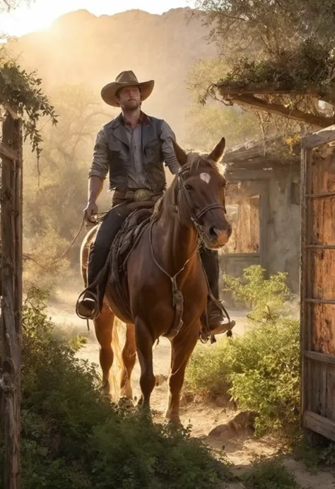 1man, cow-boy, post-modern, rodeo, a movie , steampunk cowboy hat, lasso, horse, sun set, pose d’action, detailed face, plants, ...