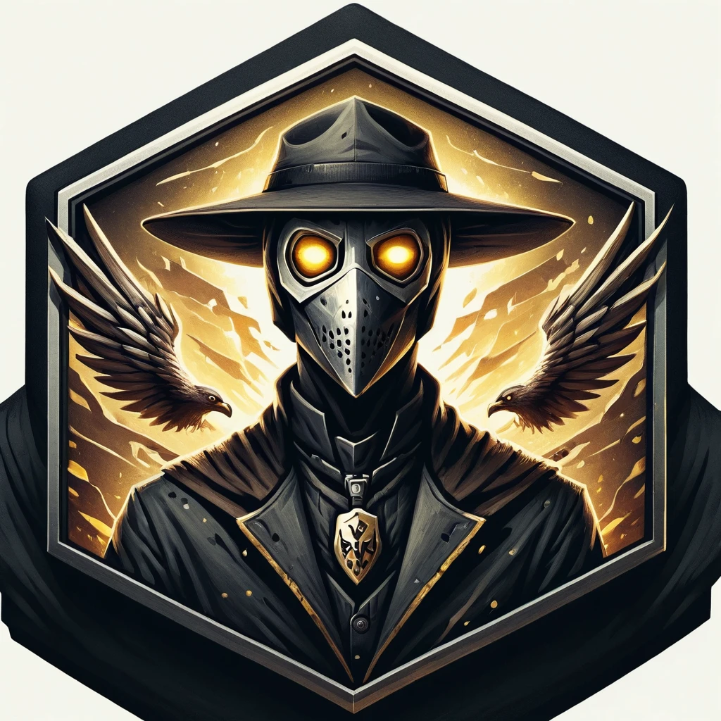 ultra high resolution, detailed, best quality, badgetype,solo badge,counter strike2 type badge,solo,looking at viewer,yellow eyes,1boy,male focus,no humans,mask,glowing,white background,portrait,straight-on,plague doctor, hat, solo, cloak, wing