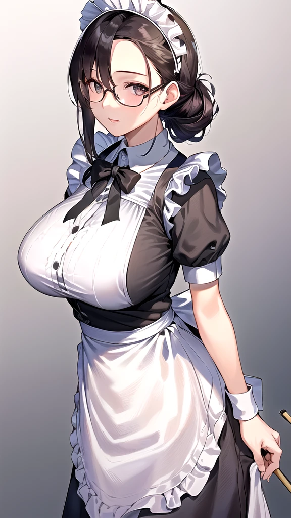 {{masterpiece}},high quality, 4K, 2D,1 girl,{simple gray background},(45 year old woman,mature female:1.5),standing,(sagging breasts:0.4),(gigantic breasts:1.3),(maid:1.5), black hair,(chignon:1.2),1 braid,impossible clothes, {from right in front of face and body},{front facing shot},Wear glasses