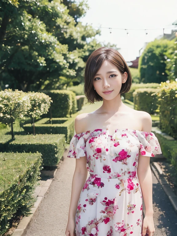 Smiling girl, (1 female), Short Bob Hair, 2, Japanese, Brown eyes, Brown Hair, Slim figure, Flat Chest, (Shocked, surprised, Confused): 1.5,
Off-the-shoulder dress,garden