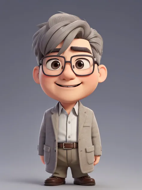 one japanese man, Face straight ahead, Looking up at the camera, Chubby and round-faced, Plump cheeks, Close-up, Thin-framed silver-rimmed glasses, Laughing with mouth open, Gray-haired, Middle Hair, Tweed jacket, The background is a plain gray gradient