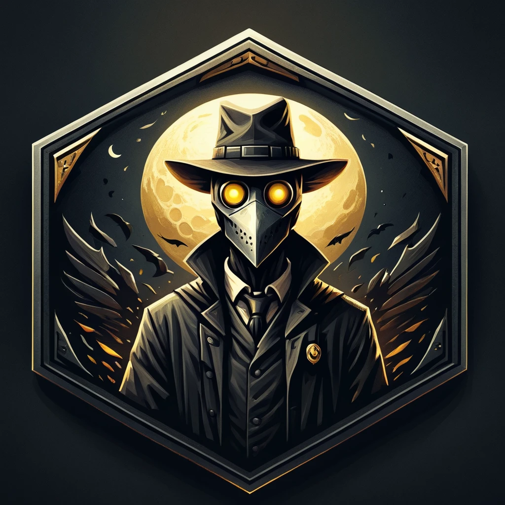 ultra high resolution, detailed, best quality, badgetype,solo badge,counter strike2 type badge,solo,looking at viewer,yellow eyes,1boy,male focus,no humans,mask,glowing,simple background,portrait,straight-on,plague doctor, hat, proportional, noire, full moon in the background